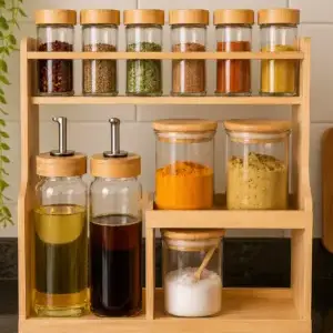 Premium Bamboo Kitchen Organizer Rack with Spice Jars & Oil Dispenser Set