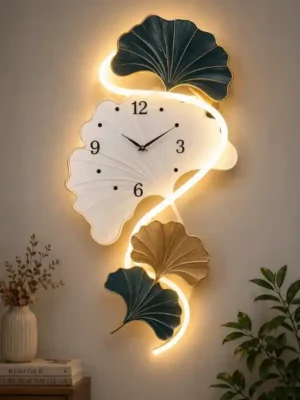 Premium LED Wall Clock with Decorative Leaf Design – Modern Lighted Wall Decor