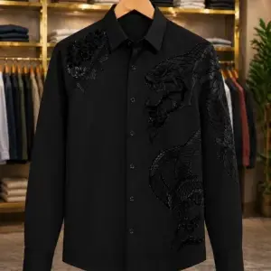 Men’s Elegant Embossed Designer Shirt – Black Textured Party Wear Full Sleeve Shirt