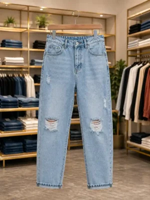 Men’s Cool Ripped Denim Jeans – Light Blue Slim Fit Daily Wear