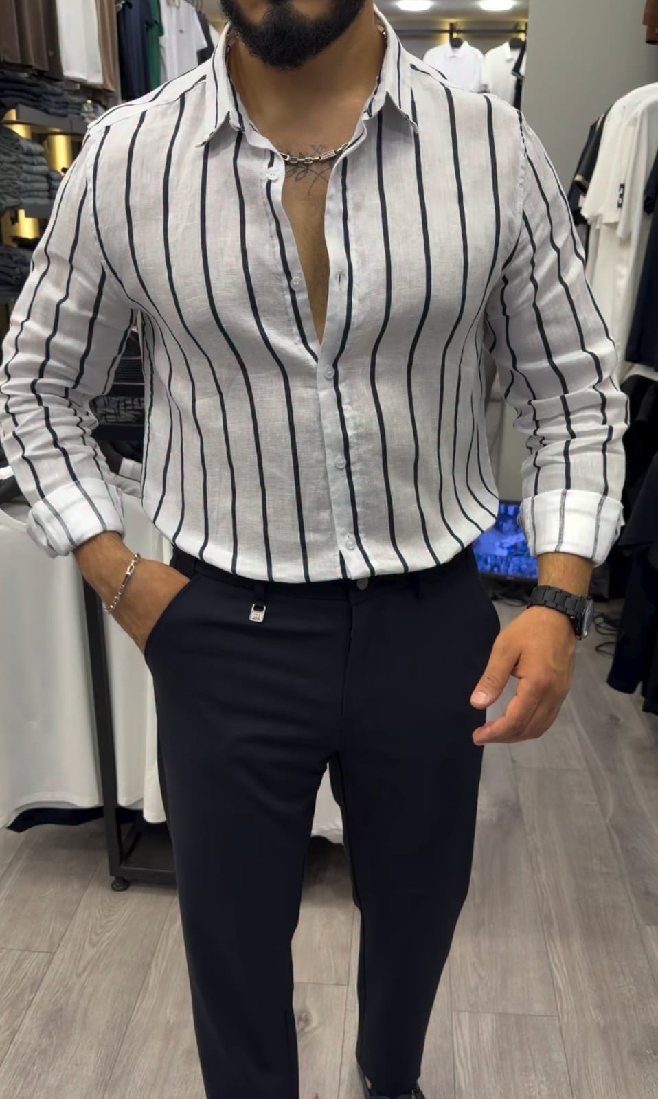 White & Black Vertical Striped Linen Shirt