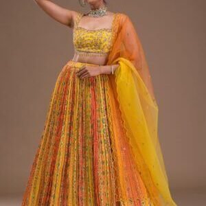 Yellow Cutdana Crepe Readymade Lehenga
