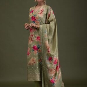 Pista Green Printed Semi Crepe Readymade Salwar Suit