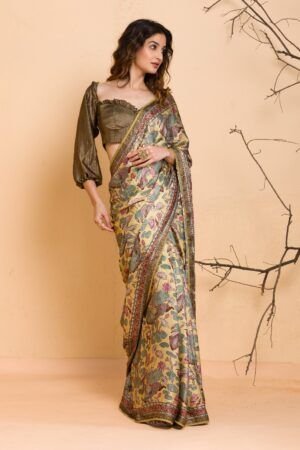 Pink Floral Printed Semi Crepe Designer Saree
