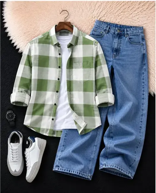 Men's Green Checked Shirt with Wide-Leg Blue Denim Jeans Combo