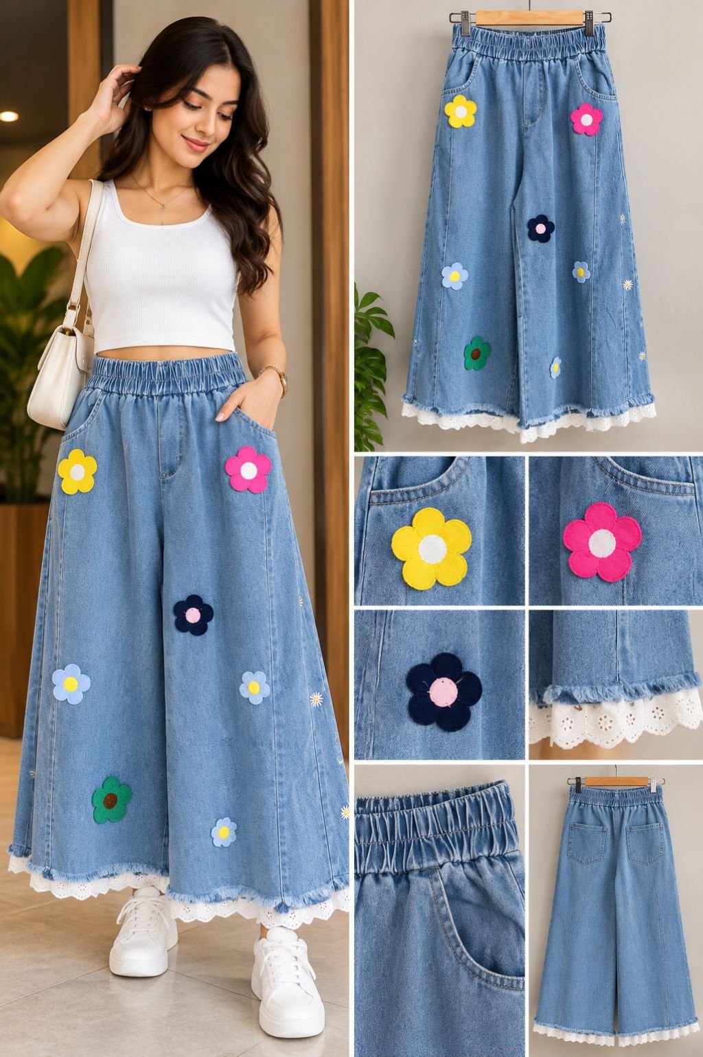 Denim Wide-Leg Culottes with Colorful Flower Patches and Lace Trim