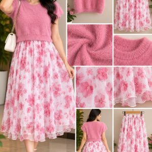 Pink Fuzzy Knit Top with Pink Floral Chiffon Midi Skirt